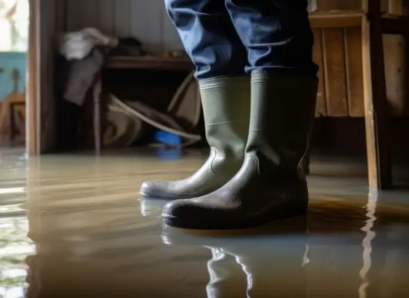 Technician using a water pump to clean up a flooded basement, highlighting basement flood clean-up service in London by We Fix Plumbing London.