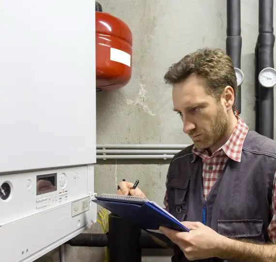 Skilled plumber conducting thorough inspection and maintenance on a central heating system in a London property.