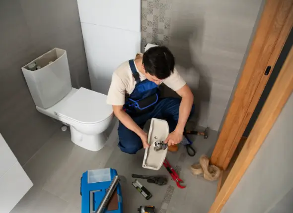 2150990706 Skilled plumber repairing or installing a toilet. Trust We Fix Plumbing for expert service in London.
