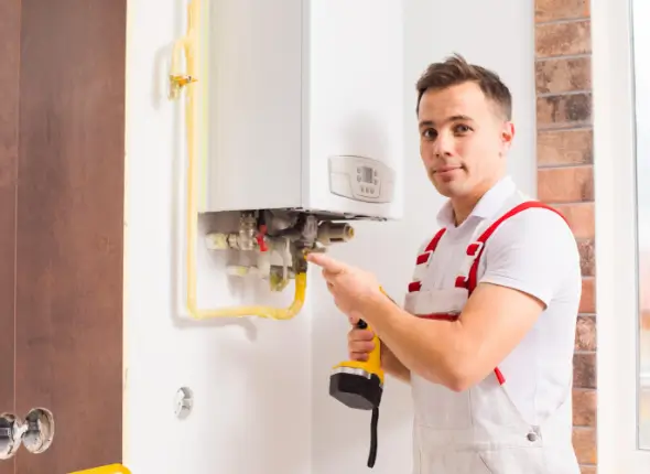 4667996 Plumber adjusting a newly installed boiler, highlighting boiler installation service in London by We Fix Plumbing London.