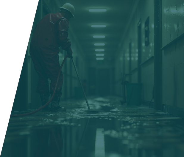 Plumber assessing a flooded basement with professional equipment, showcasing basement flood clean-up service in London by We Fix Plumbing London.