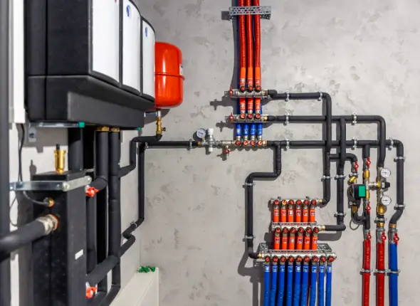 Modern plumbing system with black pipes, red and blue valves, and a red expansion tank installed on a concrete wall.